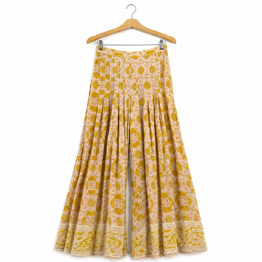 Boho Wide Leg Palazzo Pants Yellow Pink Block Print Cotton Linen Blend Womens